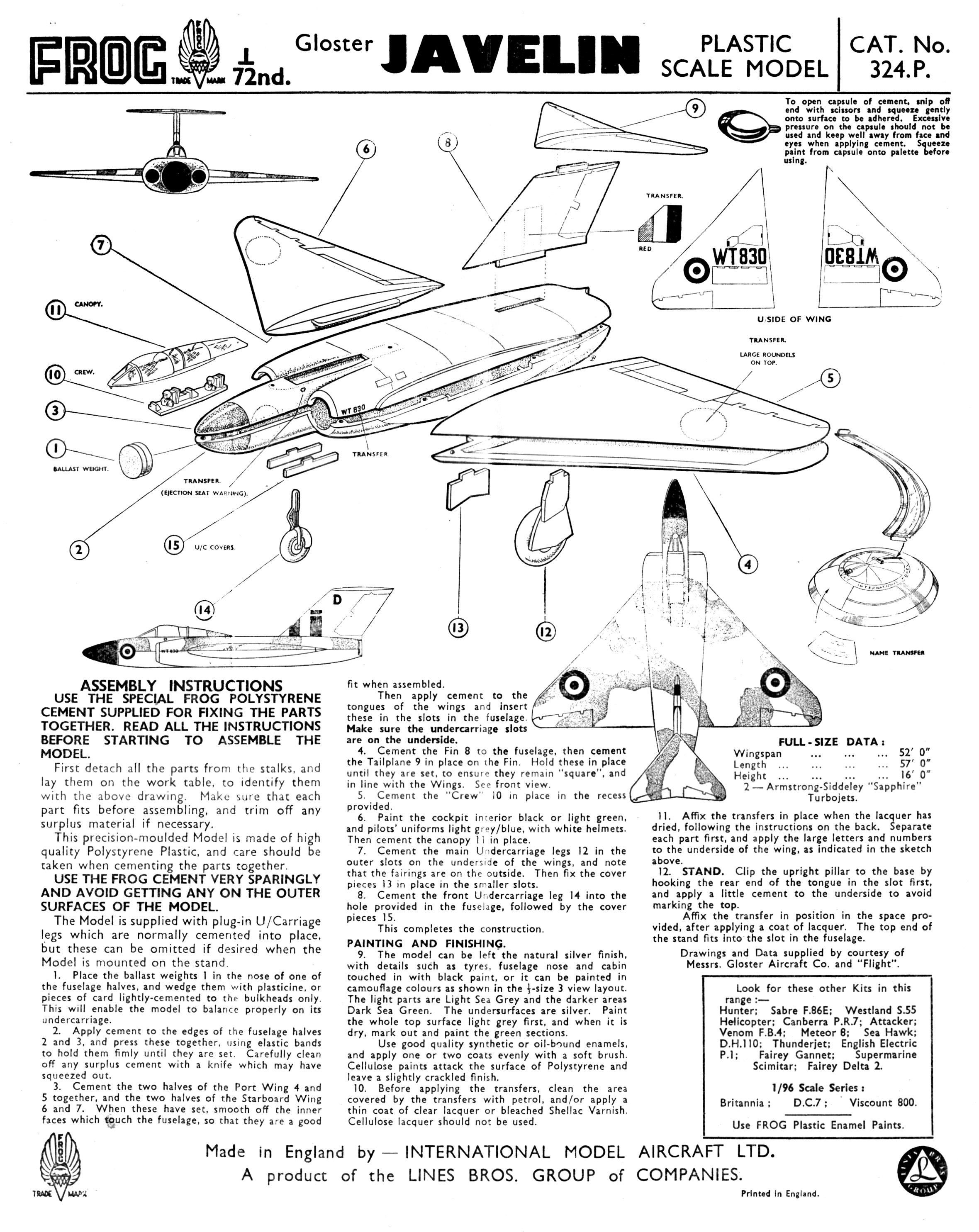 Инструкция FROG 324P Gloster Javelin, IMA, 1956